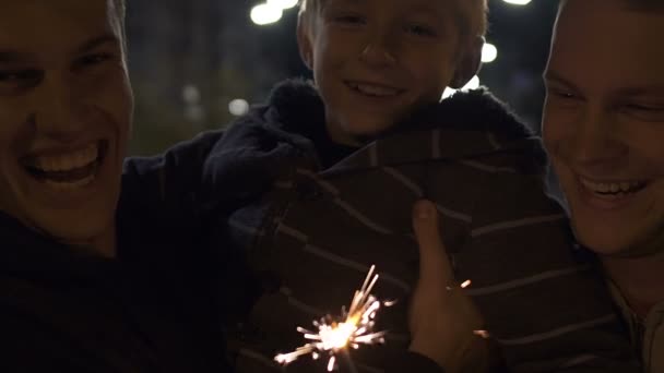 Glückliche Gleichgeschlechtliche Familie Mit Feuerwerk Feiert Weihnachten Adoption — Stockvideo