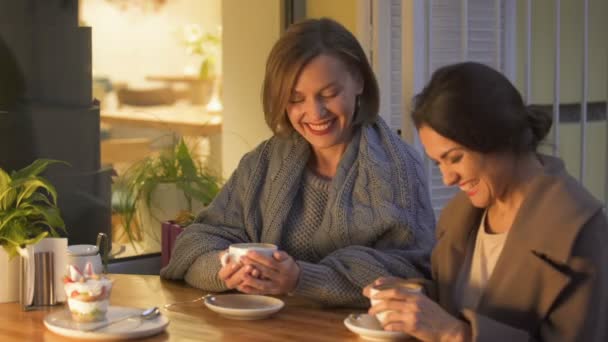 Дві Сестри Розслабляються Кафе Ють Гарячу Каву Спілкуються Добре Проводять — стокове відео