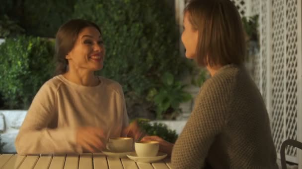 Mujer Emocionada Discutiendo Con Hermana Próximo Matrimonio Sentado Terraza — Vídeo de stock