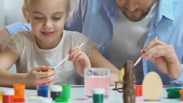Cheerful Father Daughter Preparing Easter Carefully Painting Eggs — Stock Video
