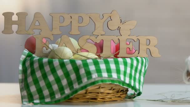 Cute White Bunny Running Basket Colored Eggs Happy Easter Sign — Stock Video