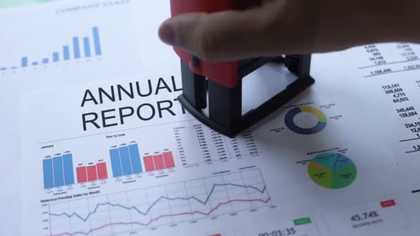 Annual Report Rejected Hand Stamping Seal Official Document Statistics — Stock Video