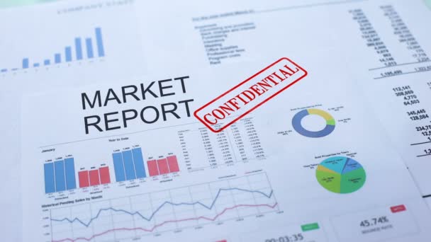 Markt Verslag Vertrouwelijke Hand Stempelen Zegel Officieel Document Statistieken — Stockvideo