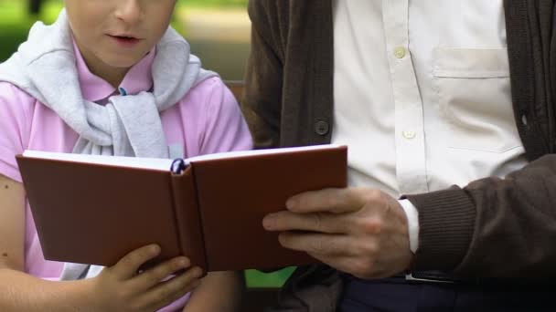 Grandfather Teaching Grandson Reading Resting Bench Summer Park Family — Stock Video