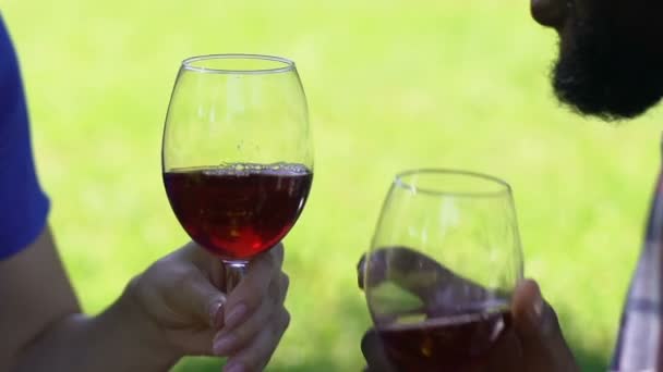 アフリカ系アメリカ人男性と白人女性の公園で一緒に赤ワインを飲む — ストック動画