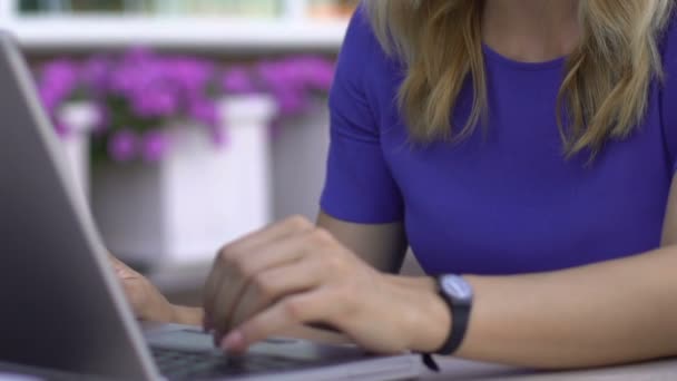 年轻的女性在户外的笔记本电脑工作 得到电子邮件与好消息 — 图库视频影像