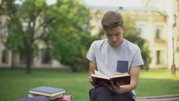 Koncentrált Tinédzser Olvasókönyv Parkban Padon Vizsgákra Készül — Stock videók