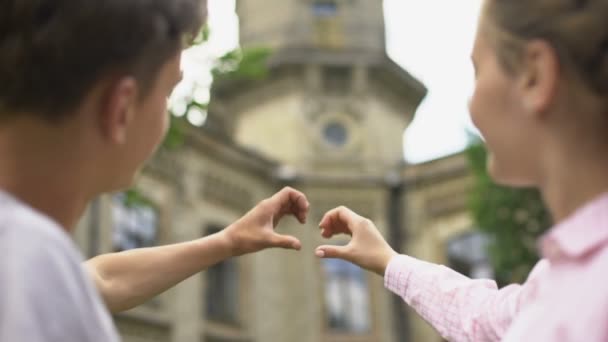 Liefhebbers Van Toeristische Hart Vorm Met Handen Maken Tegen Prestigeobject — Stockvideo