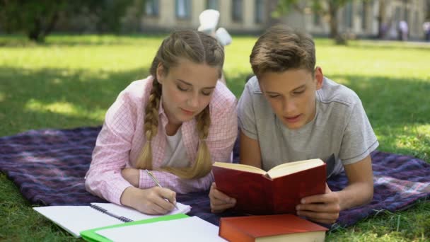 Studenti Che Studiano Sdraiati Sul Plaid Nel Parco Leggendo Prendendo — Video Stock