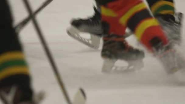 Detailní záběr nohou sportovců bruslení, dva týmy hrají hokej na ledě na stadionu
