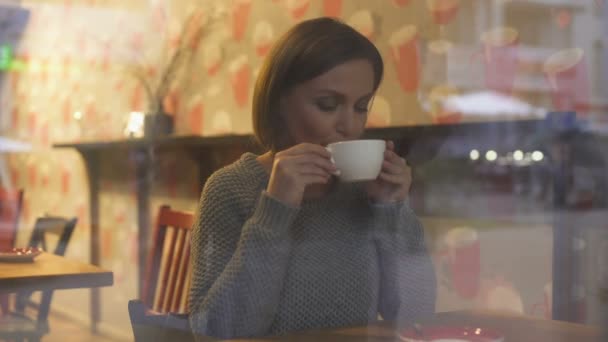 Beautiful Woman Enjoying Warm Drink Dreaming Future Making Plans — Stock Video