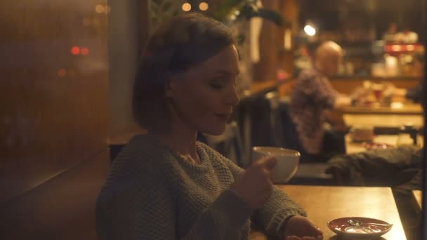 Escritora Feminina Olhando Para Decorações Natal Cidade Inspiração Momento Mágico — Vídeo de Stock