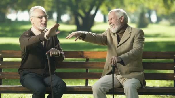 Два Пожилых Человека Расслабляются Веселятся Парке Дома Престарелых Счастливые Воспоминания — стоковое видео