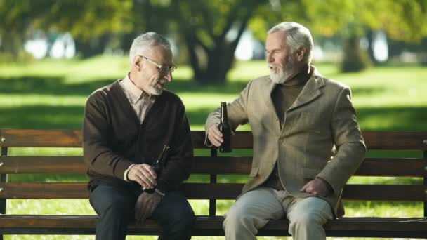 Twee Oude Mannen Rammelende Bierfles Genieten Van Mooie Dag Het — Stockvideo