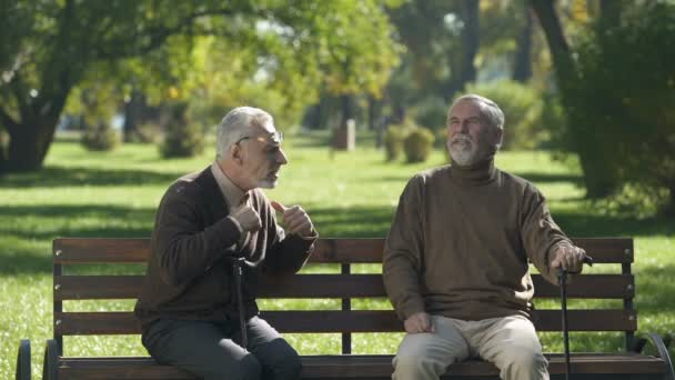 老人の友人に信じられない話を感情的に語っている 公園で余暇時間 — ストック動画