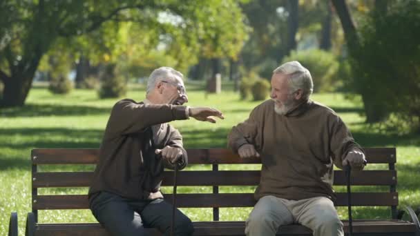 Due Amici Anziani Che Ridono Ricordano Giorni Passati Entrambi Scomparsi — Video Stock
