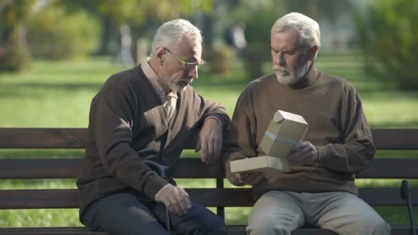 Two Senior Brothers Looking Photo Remembering Relatives Memories — Stockvideo