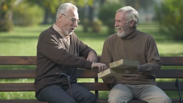 Two Male Friends Park Bench Looking Photo Smiling Old Time — ストック動画