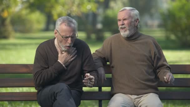 高齢者男性の咳喫煙葉巻ながら公園の残りを一緒に楽しんでいるお友達 — ストック動画