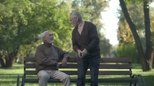 Hombre Viejo Bromeando Con Amigo Pateando Traseros Humor Amistad Divirtiéndose — Vídeos de Stock