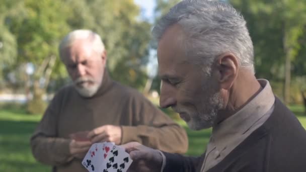 两个爷爷在公园的长凳上打牌 周末休闲 老年爱好 — 图库视频影像