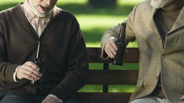 Amigos Sênior Bebendo Cerveja Leve Banco Parque Lazer Masculino Celebração — Vídeo de Stock