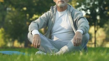 Park, rekreasyon ve meditasyon lotus pozisyonda oturan olgun sportif adam