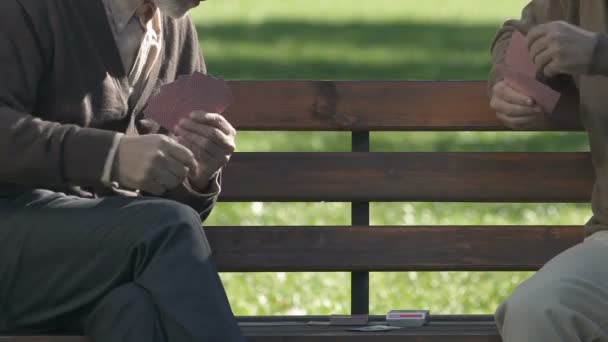 Abuelos Jugando Las Cartas Sentado Banco Parque Juego Jubilación Hobby — Vídeo de stock