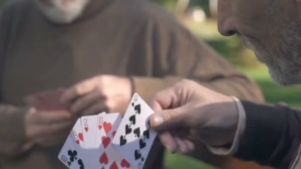 Pensionistas Jugando Las Cartas Sentados Banco Parque Ocio Para Personas — Vídeos de Stock