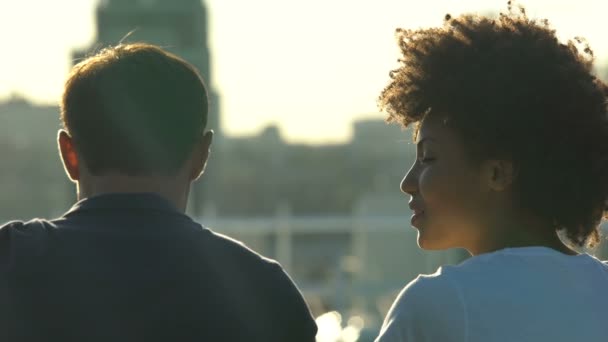 Afro American Woman Caucasian Boyfriend Talking Outdoor Date Back View — Stock Video