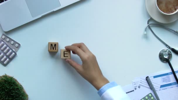 Medicine Womans Hand Making Word Wooden Cubes Healthcare Reform Top — 图库视频影像