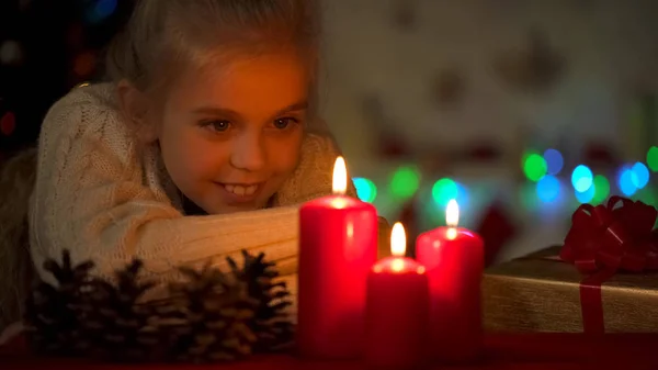 Cute Blond Girl Looking Burning Candles Christmas Eve Waiting Magic — Stock Photo, Image