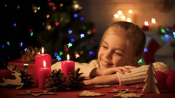 Pretty Girl Dreaming Santa Many Gifts Looking Burning Candles — Stock Photo, Image