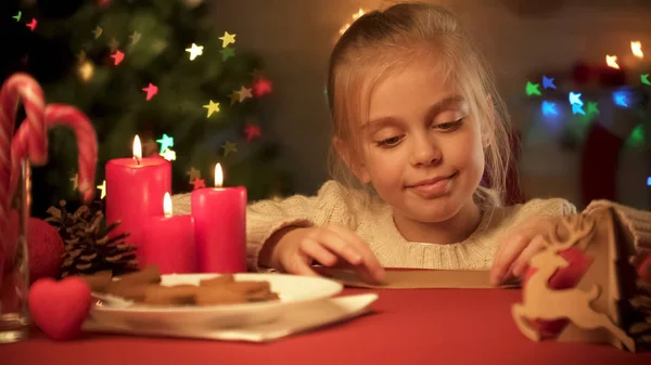 Little Girl Taking Letter Santa Envelope Childish Belief Miracle — Stock Photo, Image