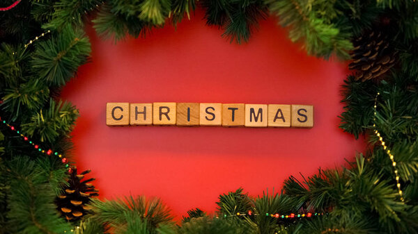 Рождественское слово из кубиков, в ожидании зимних праздников, национального праздника
