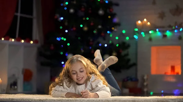 Little Girl Writing Letter Santa Lying Floor Belief Magic Fairy — Stock Photo, Image