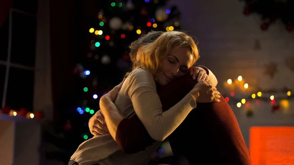 Awesome Tender Couple Hugging Christmas Tree Celebrating Holiday Love — Stock Photo, Image