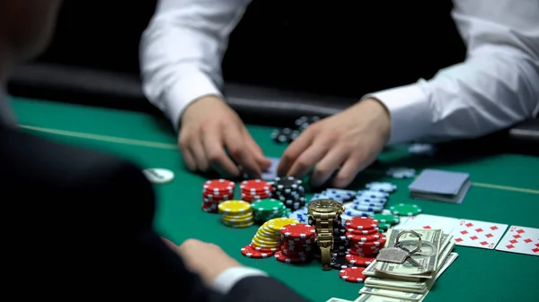 Addicted Poker Player Going All Betting Chips Money Property Reckless — Stock Photo, Image