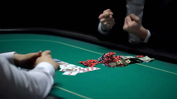 Fortunate Businessman Celebrating Winning Poker Game Casino Gambling — Stock Photo, Image