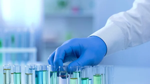 Laboratory worker taking test tube with liquid for examination, cosmetology