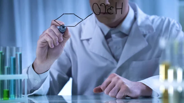 Írás Kémiai Képlet Átlátszó Táblán Gyógyszeripari Kutatás Tudós — Stock Fotó