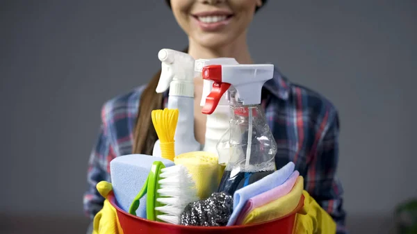 Gelukkig Schoonmaak Service Medewerker Klaar Beginnen Werken Positieve Werk Houding — Stockfoto