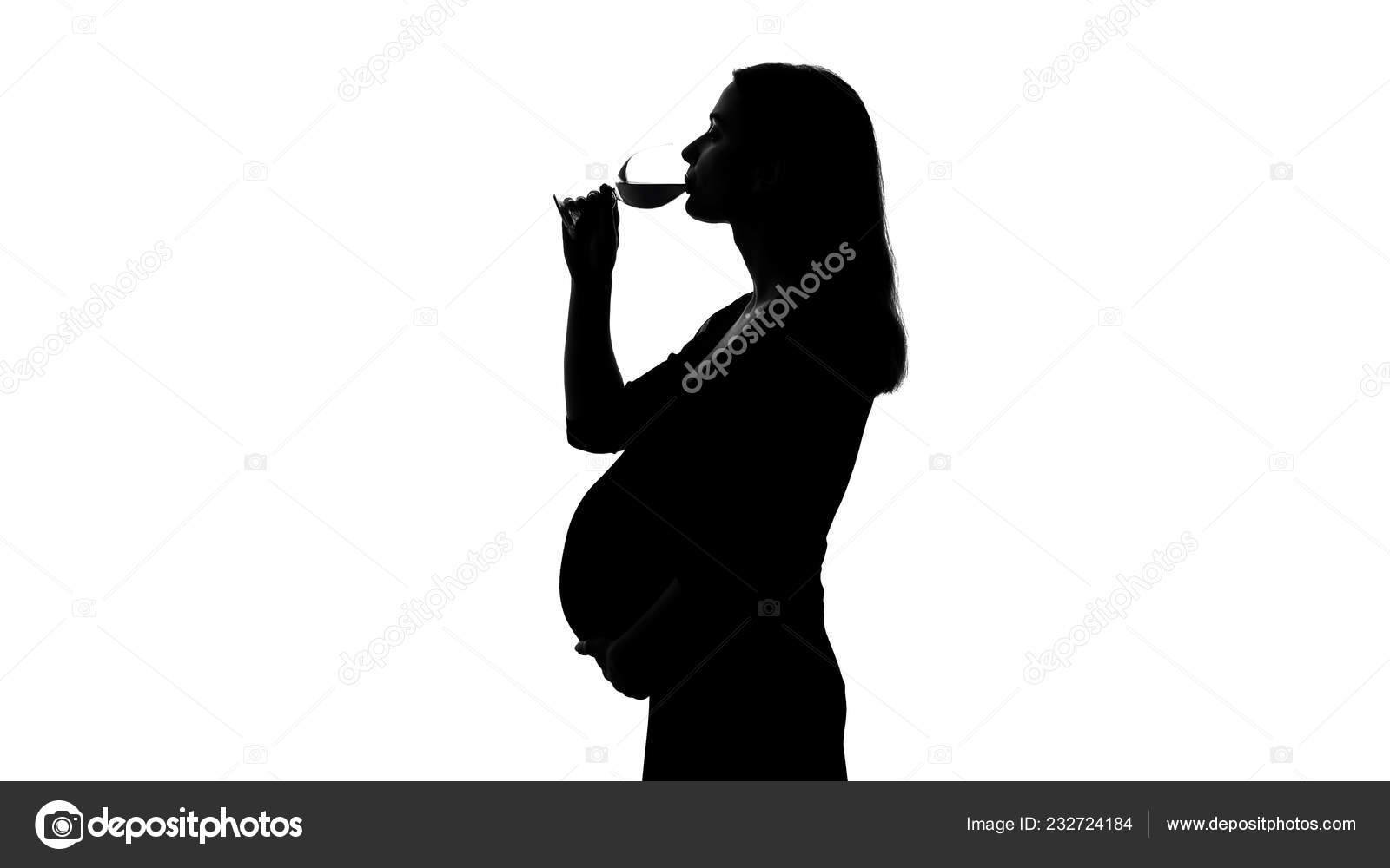 Silhouette Young Pregnant Woman Drinking Wine Unhealthy Habits Harm