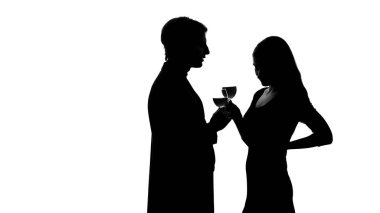 Silhouette of wealthy man getting acquainted with pretty lady at party, flirt clipart