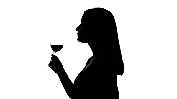 Silhouette Femme Séduisante Confiante Buvant Verre Vin Appréciant Goût — Photo