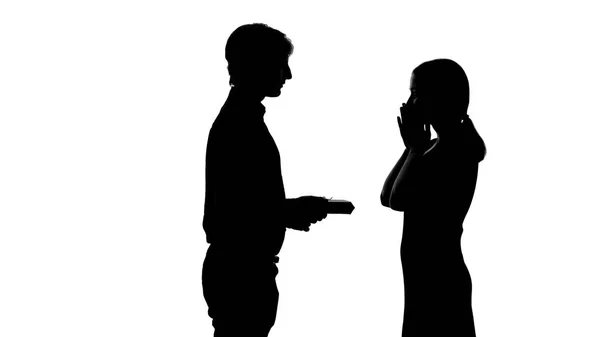 Male Silhouette Gives Present Pretty Lady Romantic Anniversary Relations — Stock Photo, Image