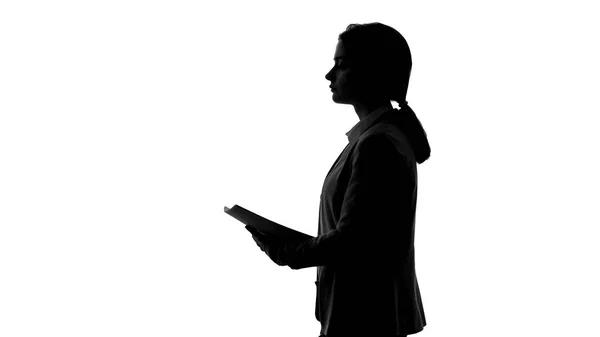 Silhouette Einer Geschäftsfrau Die Dokumente Hält Treffen Arrangiert Einigung Erzielt — Stockfoto
