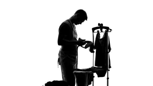 Young Bachelor Trying Iron Clothes Housekeeping Routine Husband Help — Stock Photo, Image