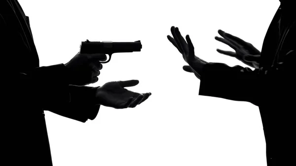 Scared Man Front Gangster Threatening Gun Extortion Victim Robbery — Stock Photo, Image