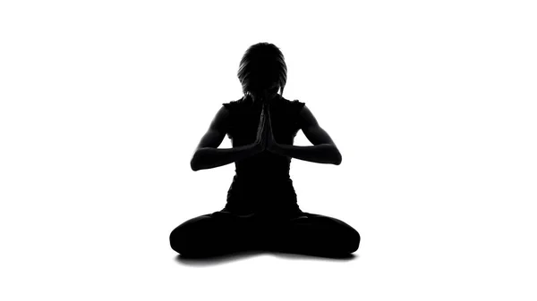 Meditasi Siluet Perempuan Duduk Teratai Menimbulkan Kesadaran Yoga Spiritualitas — Stok Foto